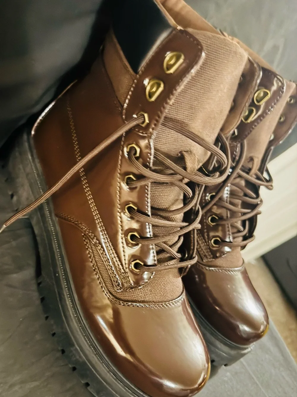 ASOS Brown Lace-Up Chunky Patent Toe Boots